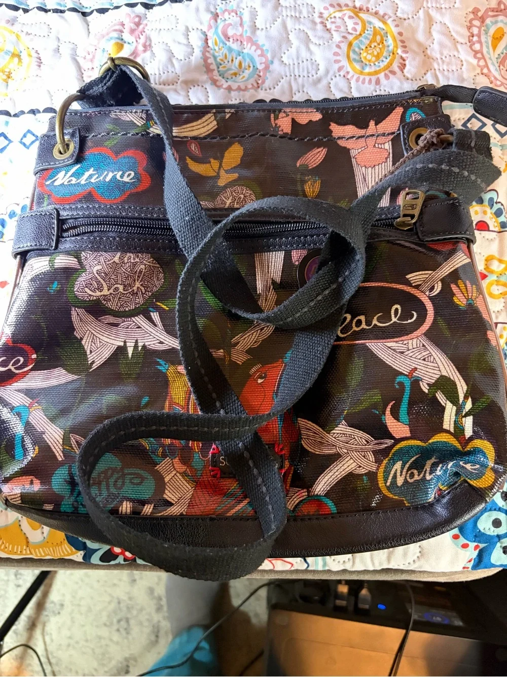 Sakroots Black Multicolor Bird & Floral Crossbody